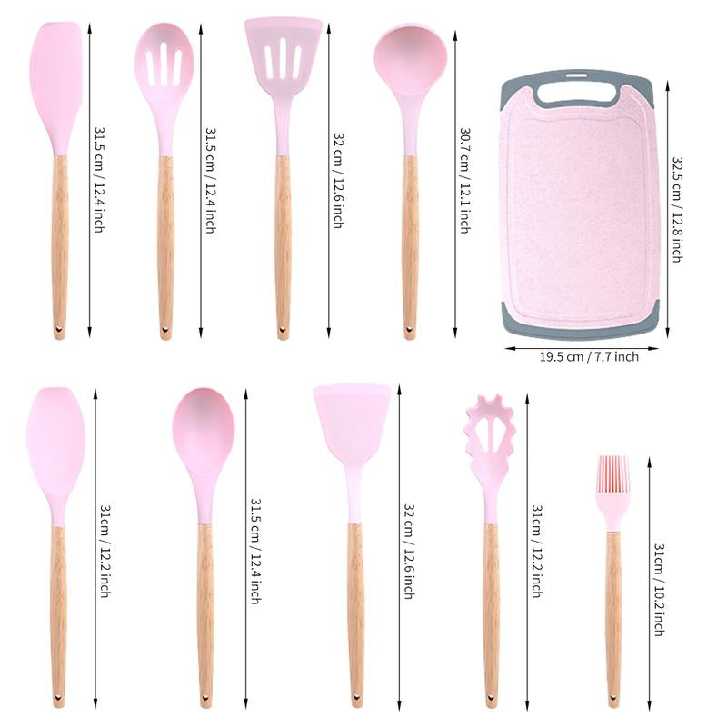 Pink Silicone Kitchen 20PCS Utensils Set with Knives Set and Block, Spatula Set, Baking and Cooking Utensils Set with Holder, Apartment Essentials Kitchen Tool Set