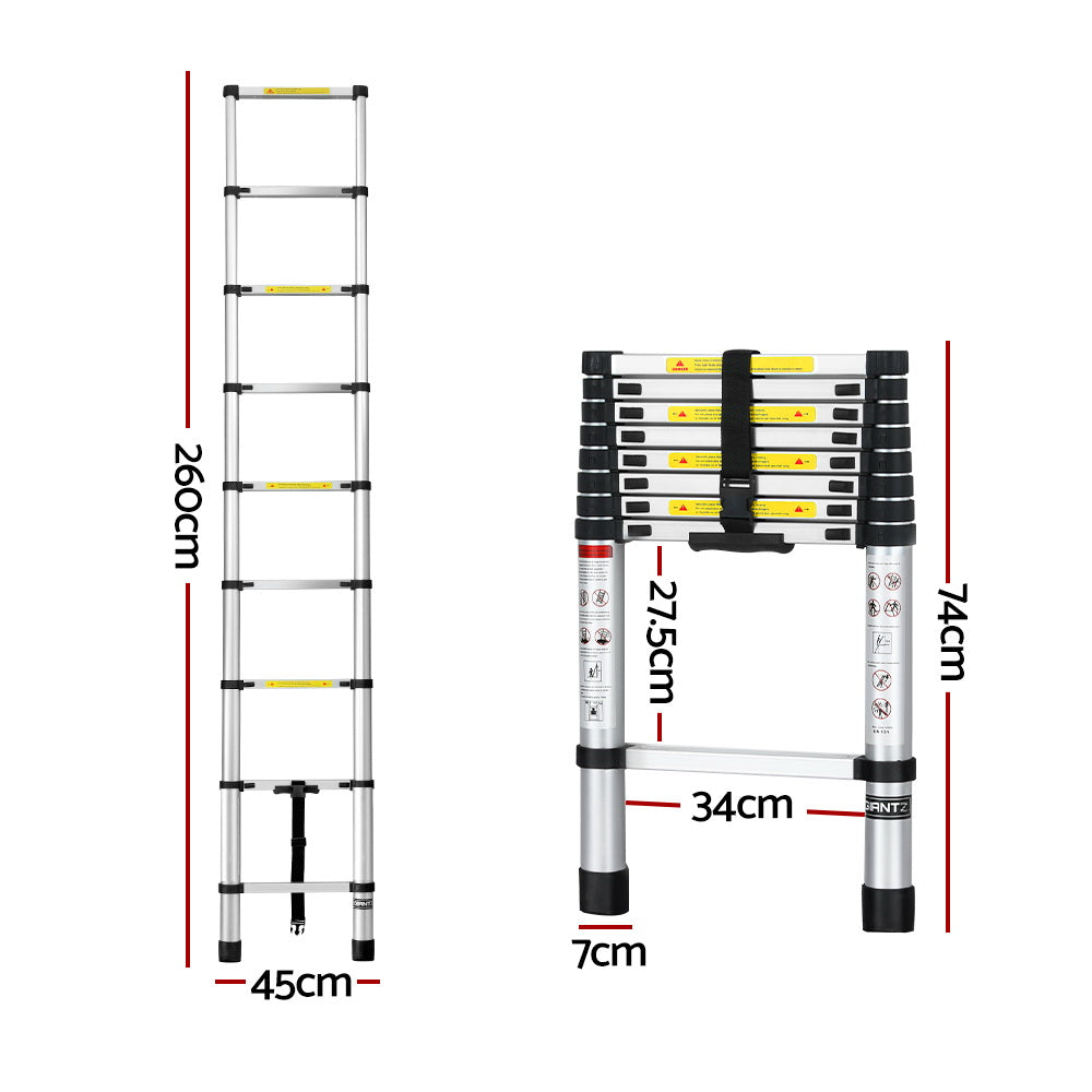 Giantz 2.6M Telescopic Ladder Aluminium Extension Extendable Steps Adjustable Height-1