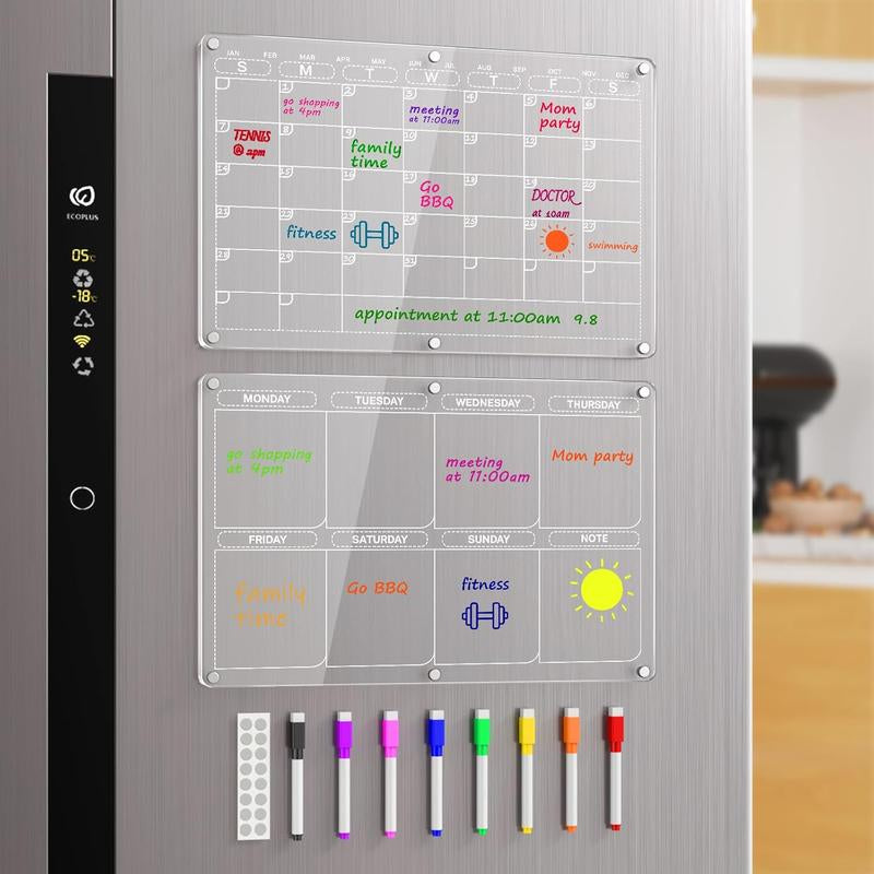 4Pcs Acrylic Magnetic Dry Erase Calendar for Fridge, Clear Acrylic Calendar Planning Board Set Magnetic Weekly Monthly Planner Menu for Refrigerator with 6 Highlight Markers Decor Metal