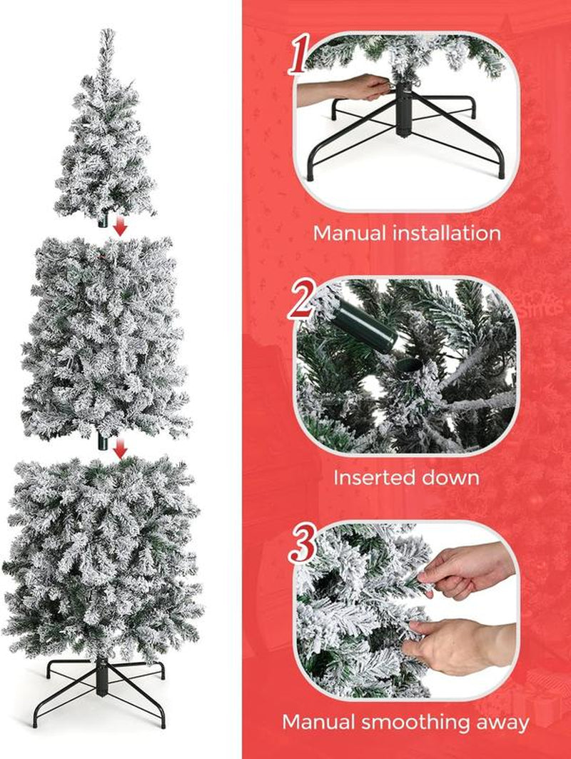 4.5/6.5/7.5/9Ft Oasiscraft Snow Flocked Artificial Pencil Christmas Tree, Hinged Snowy Slim Xmas Tree Outdoor for Festive Holiday Decoration (Un-Lit, 4 Sizes)