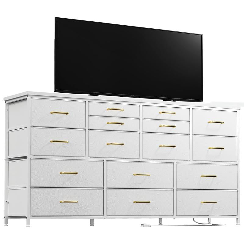 Raybee Furniture Wide Dresser with 16 Drawers, Multifunctional TV Stand with Charging Station & USB Ports for Living Room, Bedroom & Closet