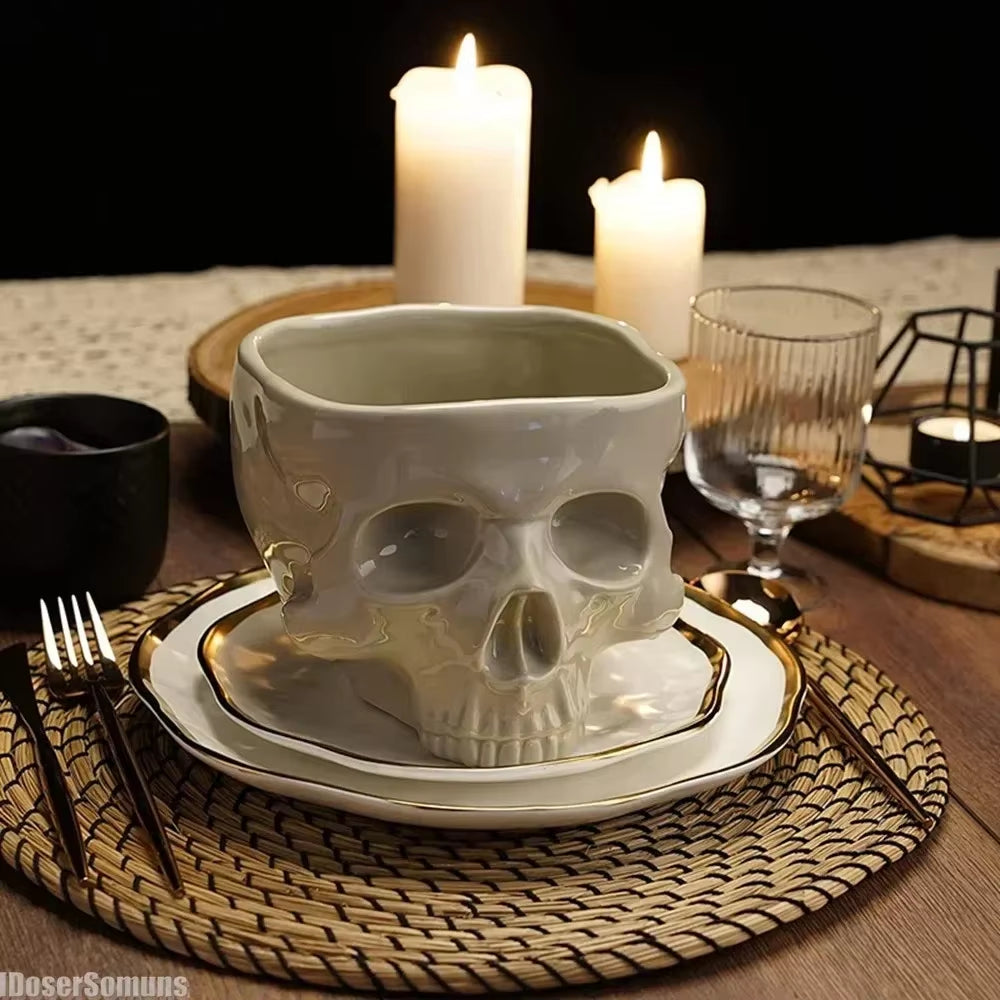 Retro Porcelain Gothic Skull Pasta Bowl Halloween Tableware Home Bar Food Noodle Salad Candy Ceramic Bowl Tabletop Decoration