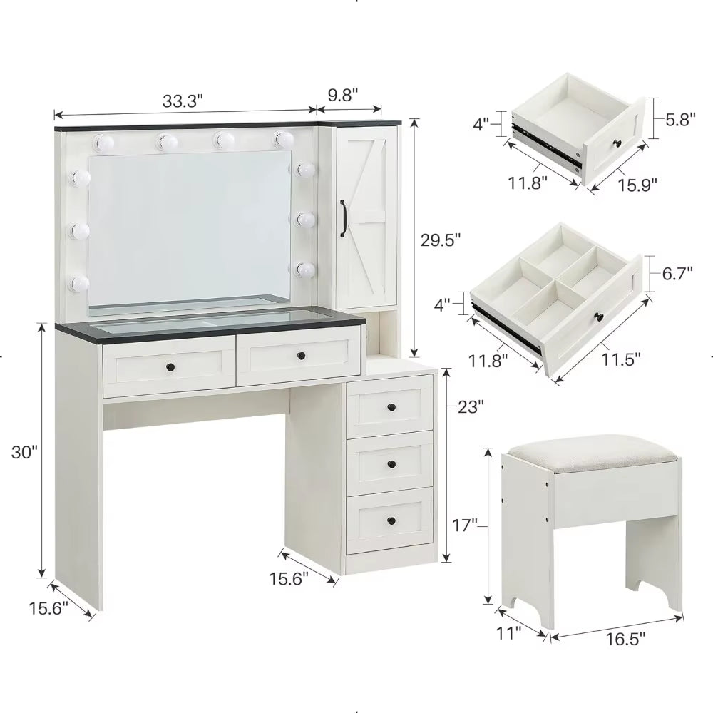 Farmhouse Vanity Makeup Desk Charging Station,43" Desk Lights Mirror Drawers , Big Modern Vanity Table Set Vanity Stool White