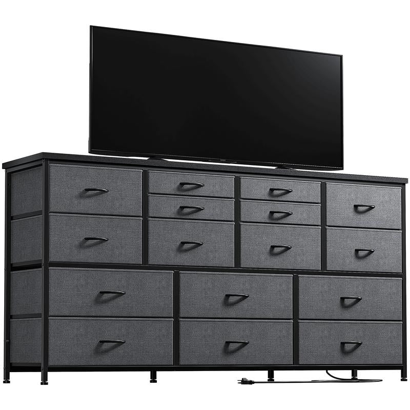 Raybee Furniture Wide Dresser with 16 Drawers, Multifunctional TV Stand with Charging Station & USB Ports for Living Room, Bedroom & Closet