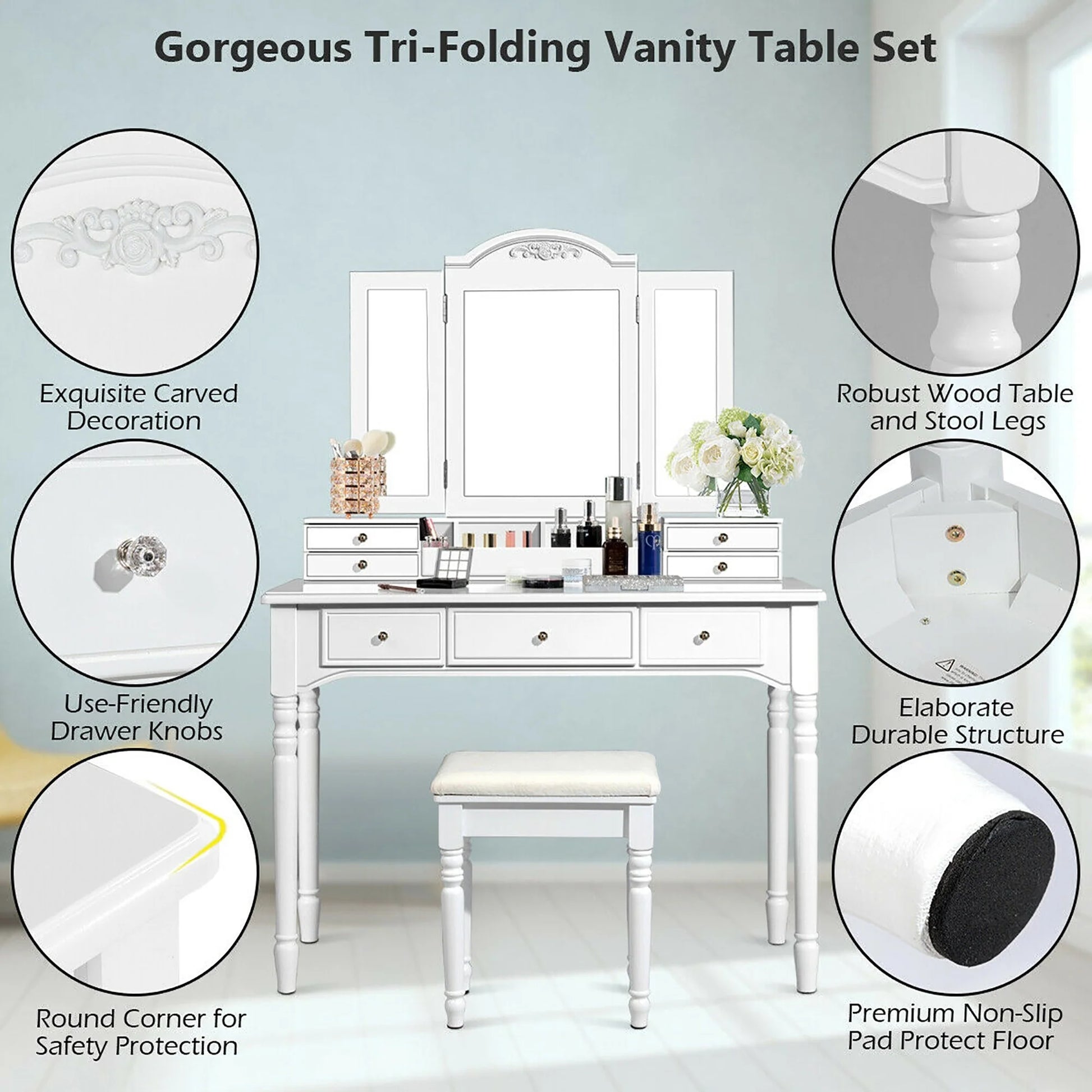 Tri-Folding Mirror Vanity Table Set with Stool