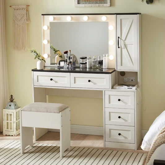 Farmhouse Vanity Makeup Desk Charging Station,43" Desk Lights Mirror Drawers , Big Modern Vanity Table Set Vanity Stool White