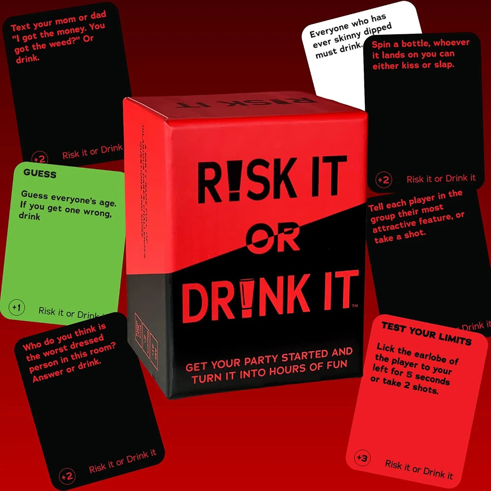 Risk It or Drink It Fun Party Game for College Card Game Drinking Game Pregame Night Hilarious Dares Challenges Questions Adult