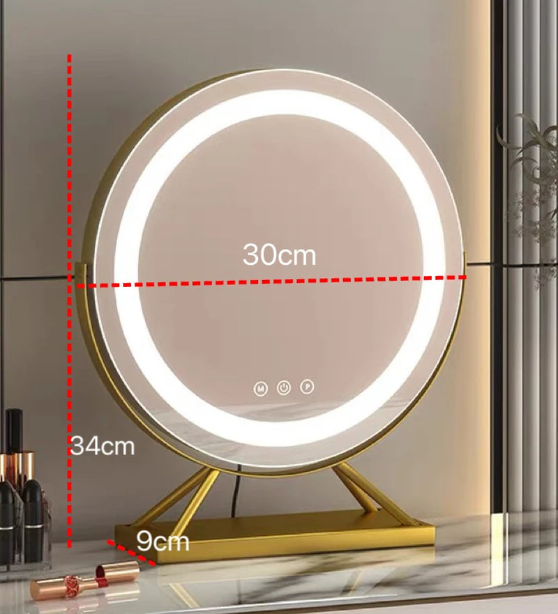 LED Lighted Circle Mirror round Tabletop/Desk Mirror 3 Color Dimmable Lighting Modes Make up Mirrors