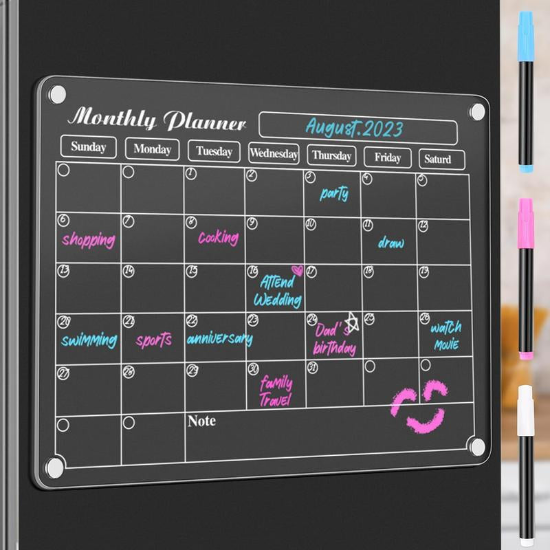 4Pcs Acrylic Magnetic Dry Erase Calendar for Fridge, Clear Acrylic Calendar Planning Board Set Magnetic Weekly Monthly Planner Menu for Refrigerator with 6 Highlight Markers Decor Metal