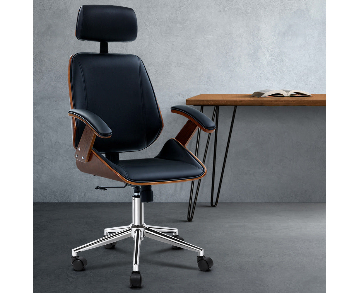 Wooden Office Chair Leather Seat Black