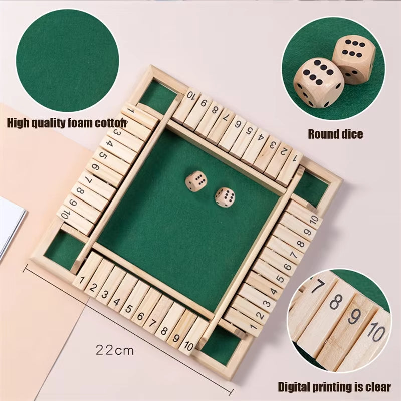 Deluxe Four Sided 10 Numbers Shut the Box Board Game Set Dice Party Club Drinking Games for Adults Families