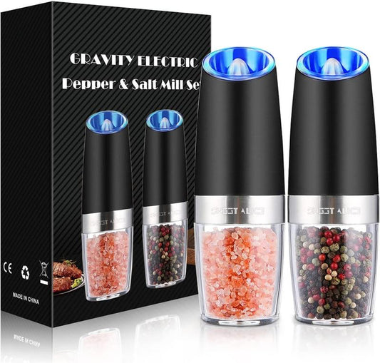 Gravity Electric Pepper and Salt Grinder Set with LED Light, Adjustable Coarseness, Battery Powered, One Hand Automatic Operation, Stainless Steel Black, 2 Pack Ceramic Kitchen Utensils Seasoning Button