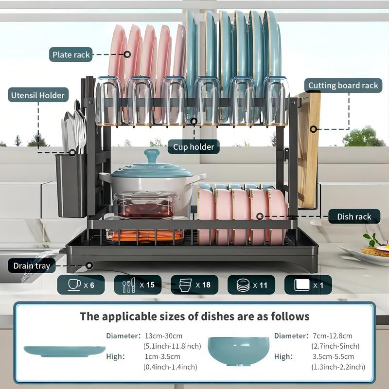 2-Tier Dish Drying Rack, Dish Drying Organiser with Drainboard,Detachable Dish Drainer Organizer, ,Kitchen Cutlery Room Organizer,