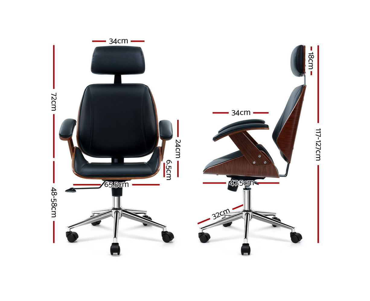 Wooden Office Chair Leather Seat Black