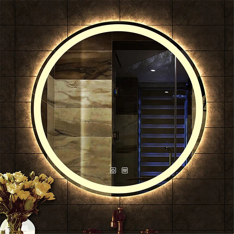 31Inch round Smart Make-Up Mirror with LED Light Backlight Tri-Color Touch Defogging Wall Hanging Bathroom Mirror Vanity Mirror