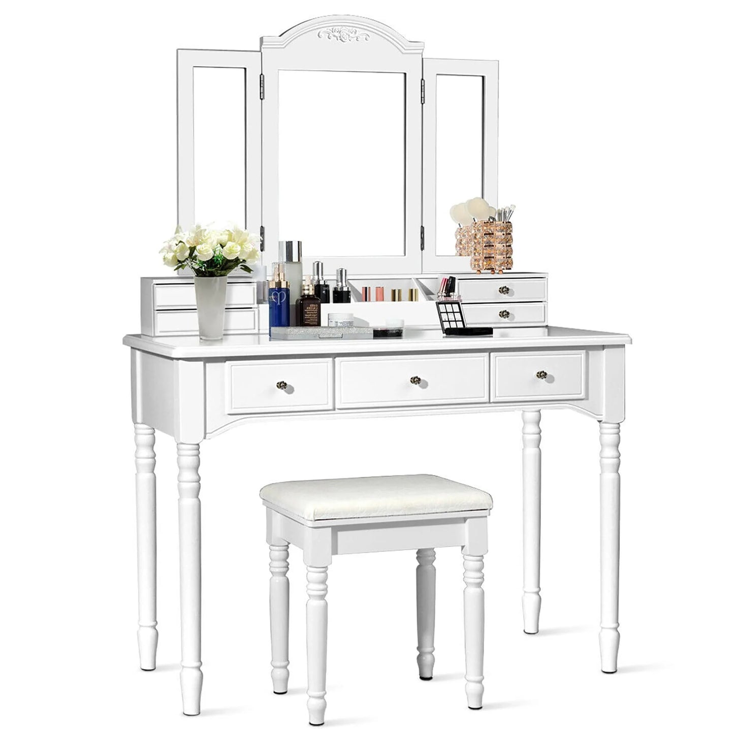 Tri-Folding Mirror Vanity Table Set with Stool