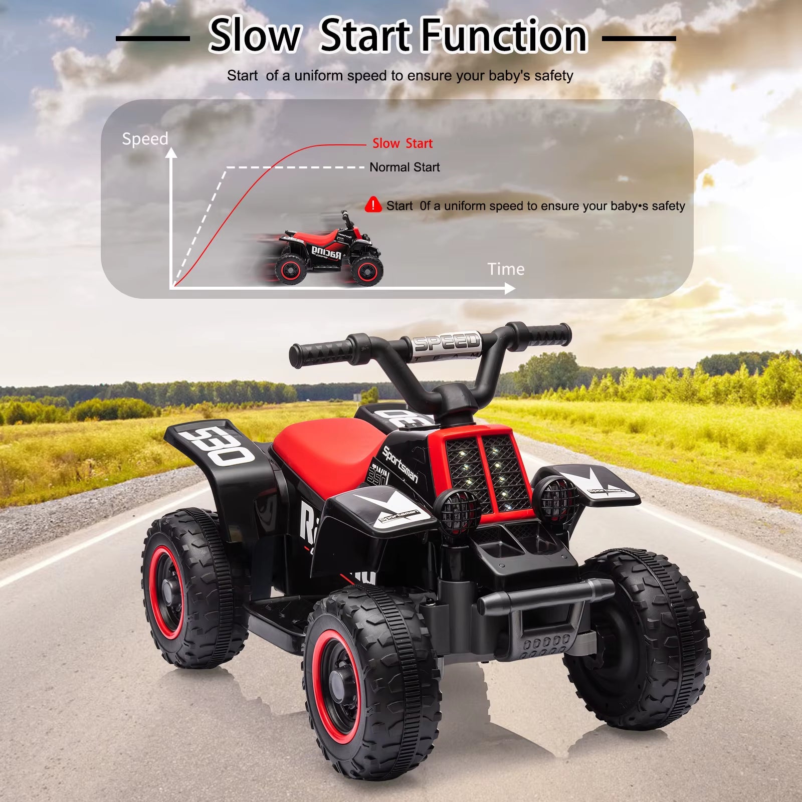 Kids Ride on ATV, 6V Ride on Car with Led Headlights, Ride-On Toy Treaded Tires, Rubber Handles, Push-Button Accelerator