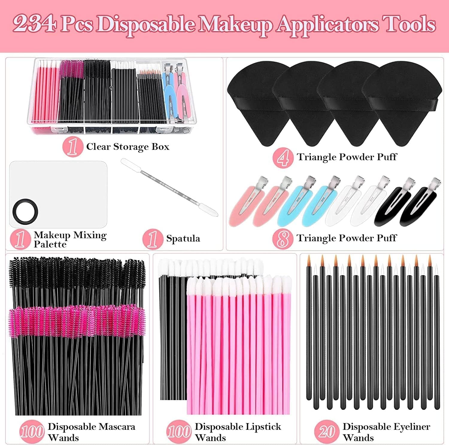 Disposable Makeup Applicators Kit with Triangle Makeup Puff Makeup Mixing Palette Makeup Artist Supplies Disposable Mascara Wands, Lip Brushes, Hair Clips Powder Puffs for Face with Storage Box