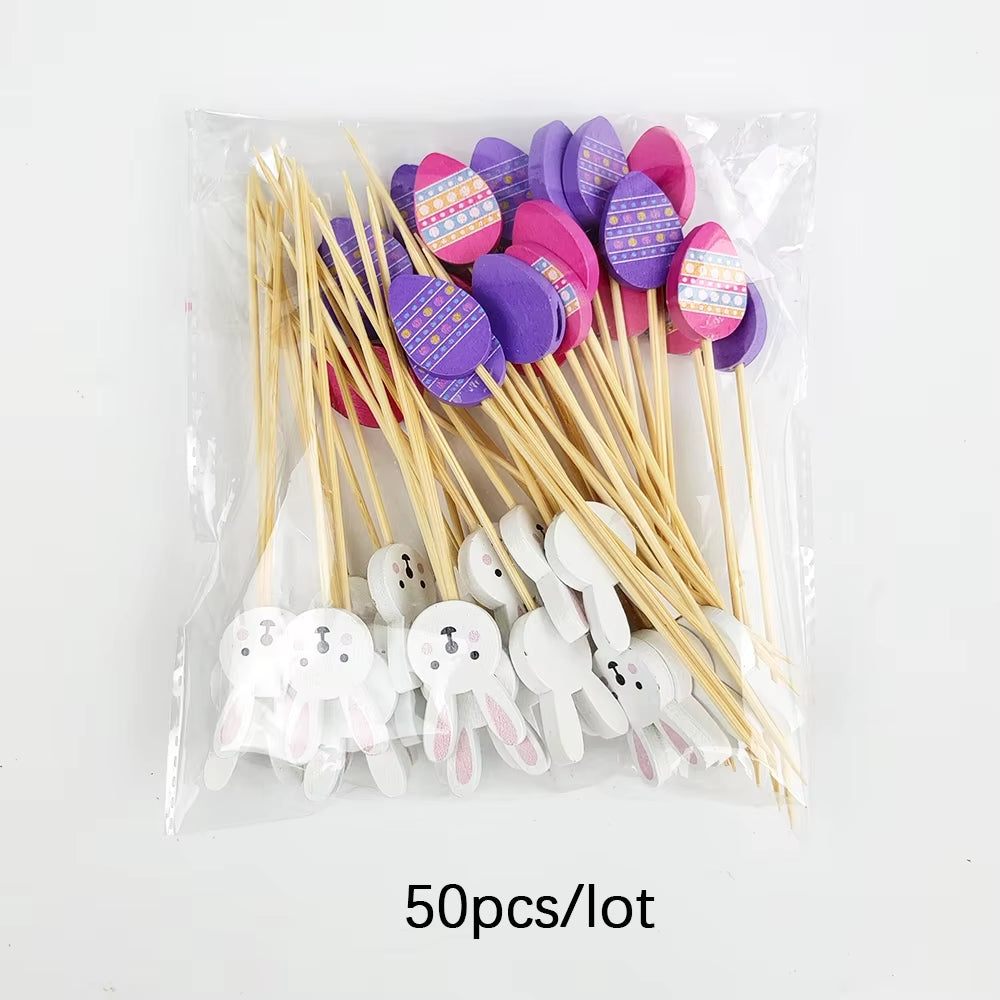 50/100Pcs Easter Disposable Bamboo Skewers Rabbit Easter Eggs Fruit Fork Food Picks Sandwich Buffet Stick Easter Decoration 2025