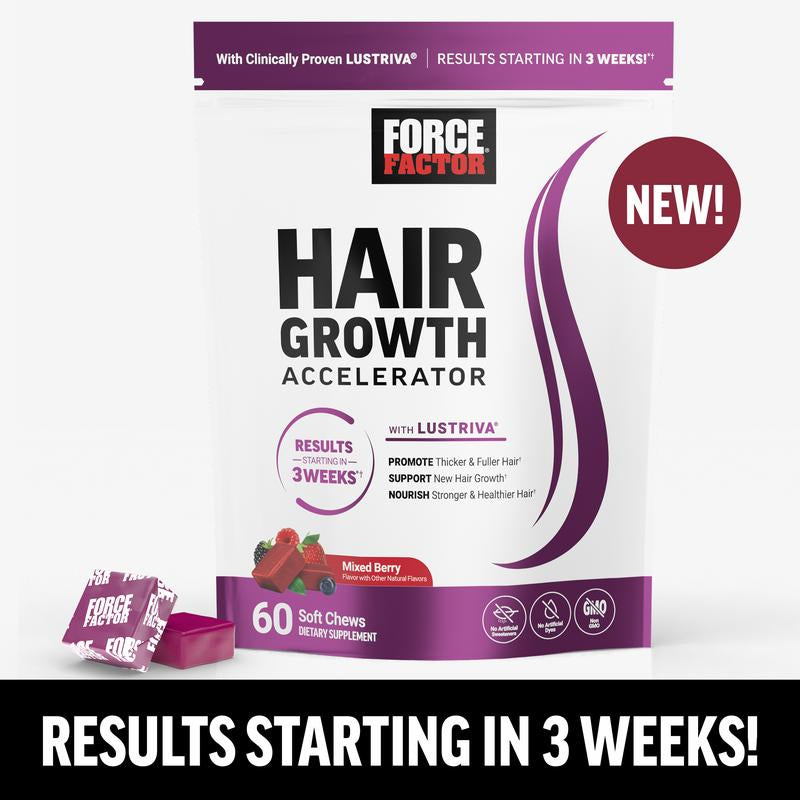 Force Factor Hair Growth Accelerator with Clinically Proven Lustriva to Promote Thicker, Stronger Hair, Biotin, Vitamin E & C, Mixed Berry, 60 Silicon