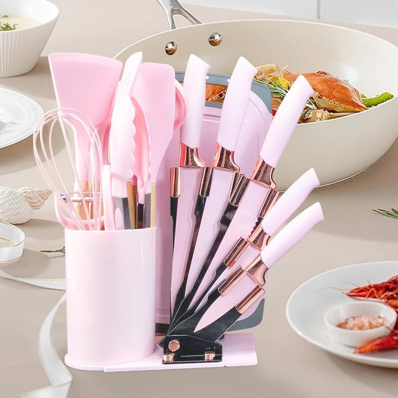 Pink Silicone Kitchen 20PCS Utensils Set with Knives Set and Block, Spatula Set, Baking and Cooking Utensils Set with Holder, Apartment Essentials Kitchen Tool Set