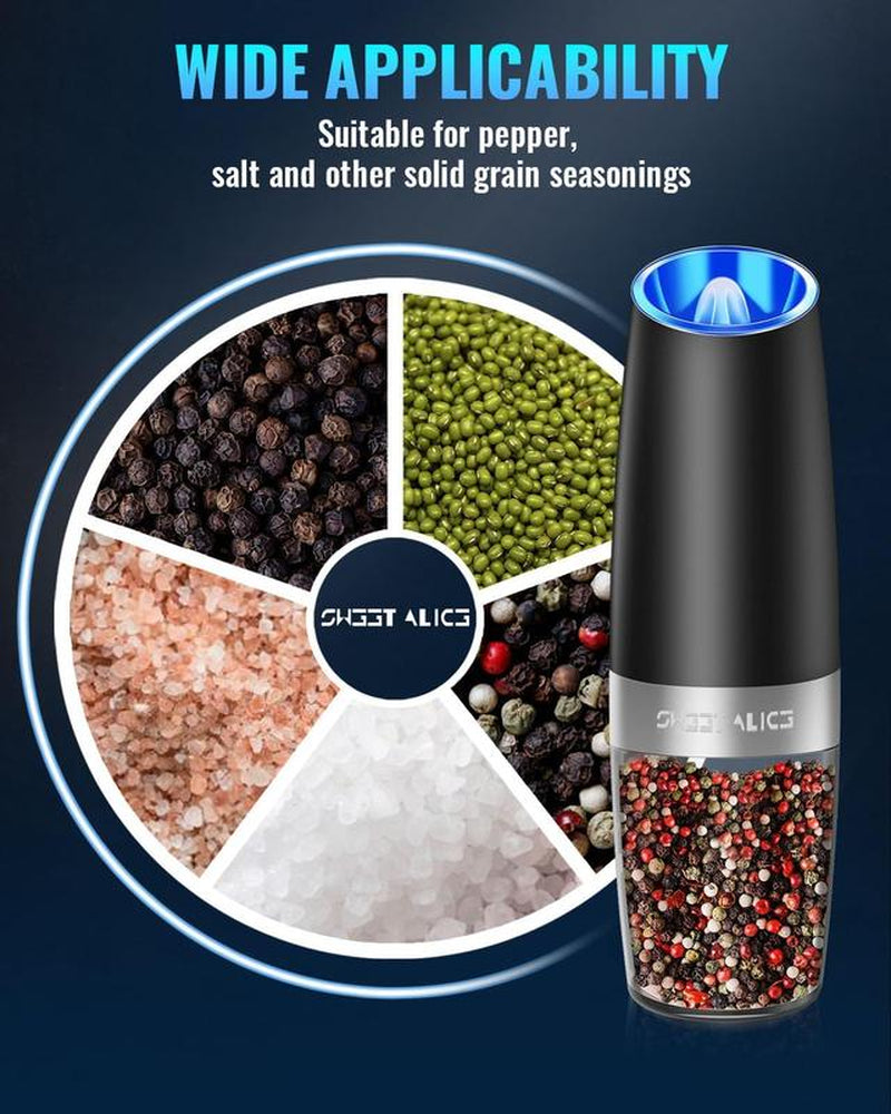 Gravity Electric Pepper and Salt Grinder Set with LED Light, Adjustable Coarseness, Battery Powered, One Hand Automatic Operation, Stainless Steel Black, 2 Pack Ceramic Kitchen Utensils Seasoning Button