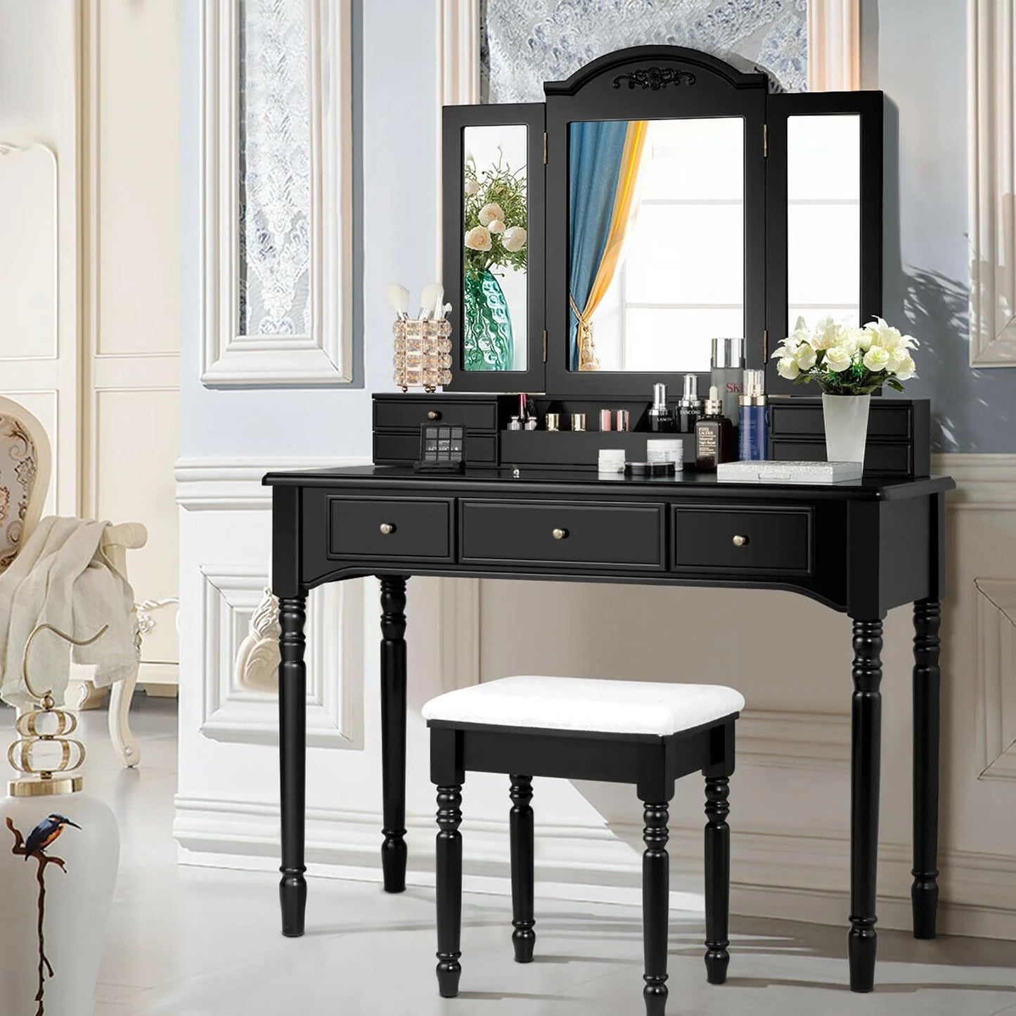 Tri-Folding Mirror Vanity Table Set with Stool