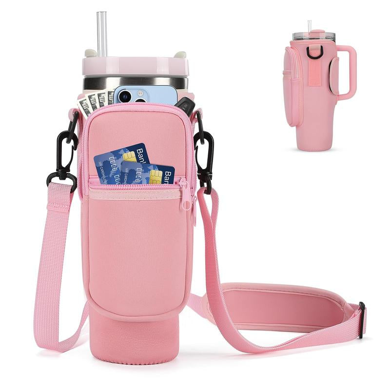 Tumbler Carrier Bag, Portable Water Bottle Bag for 40Oz, Adjustable Shoulder Strap, Water Bottle Carrying Bag with Cell Phone Pouch, Water Bottle with Straw Cover Carabiner, Holder for Outdoor Sports