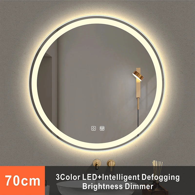 31Inch round Smart Make-Up Mirror with LED Light Backlight Tri-Color Touch Defogging Wall Hanging Bathroom Mirror Vanity Mirror