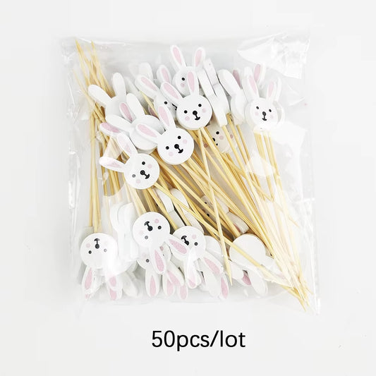 50/100Pcs Easter Disposable Bamboo Skewers Rabbit Easter Eggs Fruit Fork Food Picks Sandwich Buffet Stick Easter Decoration 2025