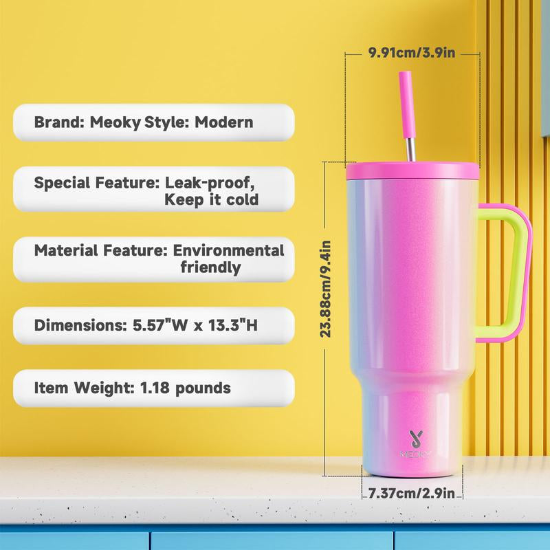 【24 Hour Shipping】Meoky Large-Capacity Stainless Steel Car Cup, Reusable Stainless Steel Straw, Anti-Slip and Noise-Reducing Silicone Pad, Tumbler Travel Mug/Cold Water for 24 Hours or Hot Water for 8 Hours,Suitable for Sports, Office, Christmas Gifts