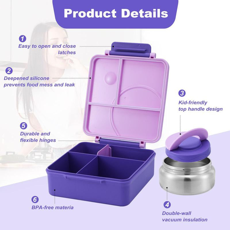 4 Compartment Bento Lunch Box with Soup Thermo, 1 Count Leakproof Lunch Food Container, Portable Lunch Box for Home Office School