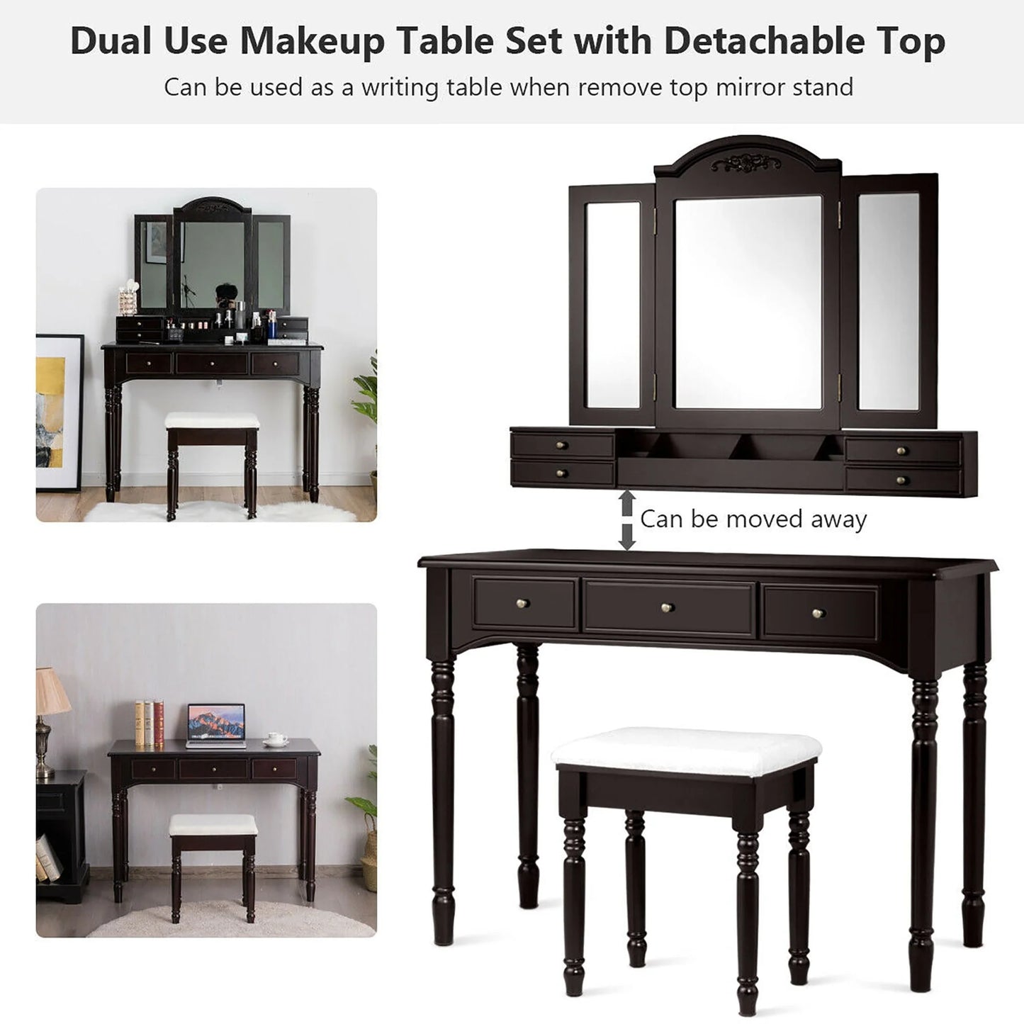 Tri-Folding Mirror Vanity Table Set with Stool