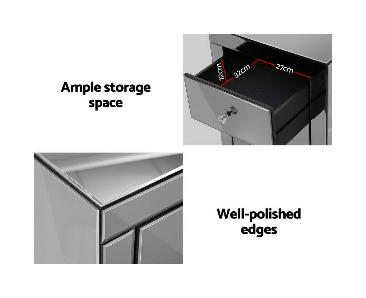 Bedside Table 3 Drawers Mirrored - PRESIA Grey