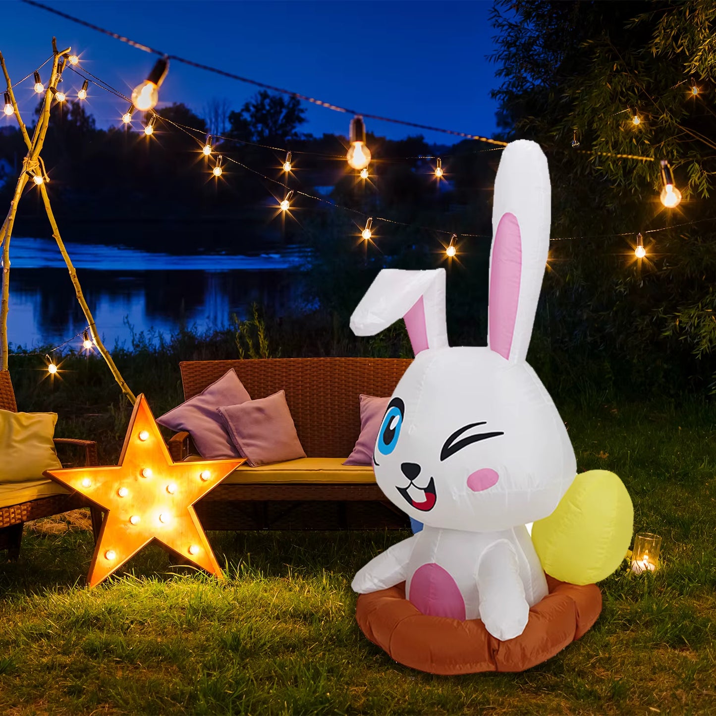 4FT Easter Inflatable Half Bunny Outer Yard Decoration Build-In LED Lights Holiday Blow up Yard Decor, for Easter Holiday Party