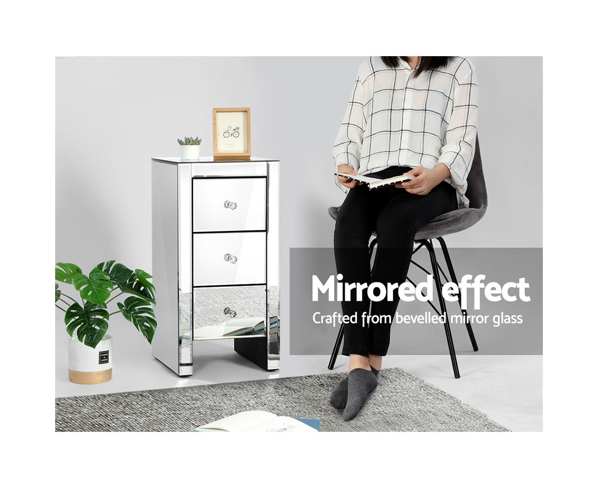 Bedside Table 3 Drawers Mirrored - QUENN Silver