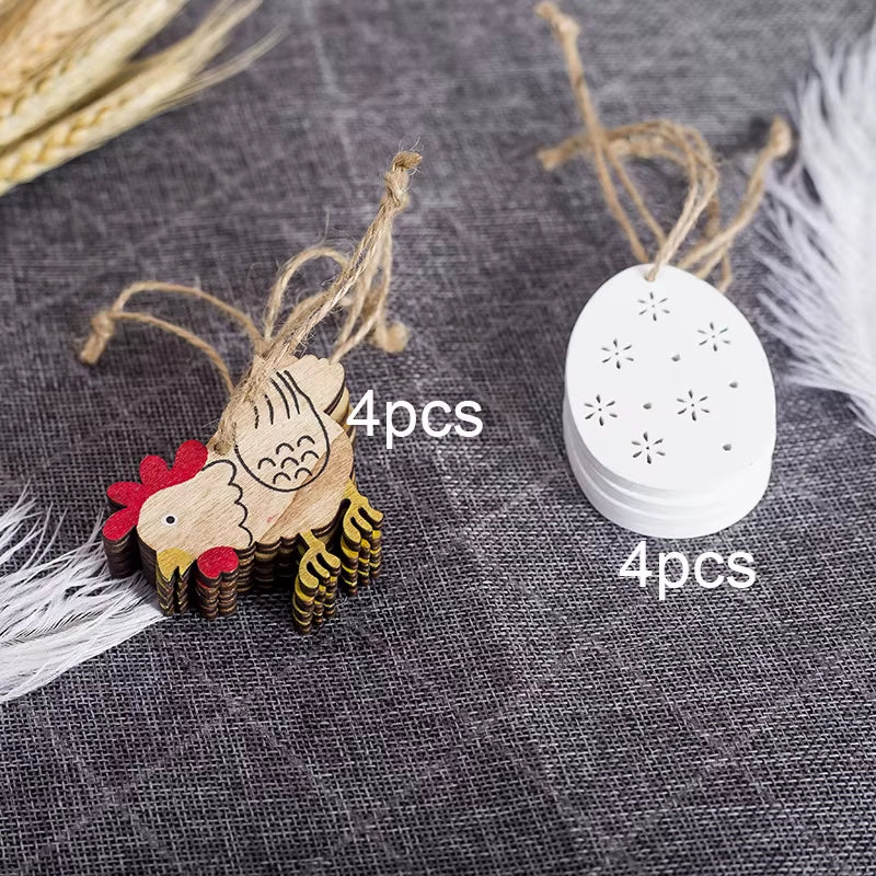 8PCS Easter Wooden Decoration Pendant Easter Rabbit Chick Eggs DIY Wood Crafts Happy Easter Party Home Decoration Kids Toys