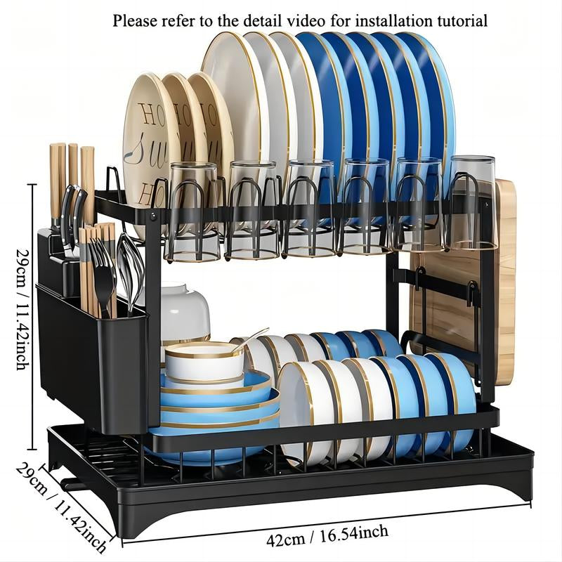 2-Tier Dish Drying Rack, Dish Drying Organiser with Drainboard,Detachable Dish Drainer Organizer, ,Kitchen Cutlery Room Organizer,