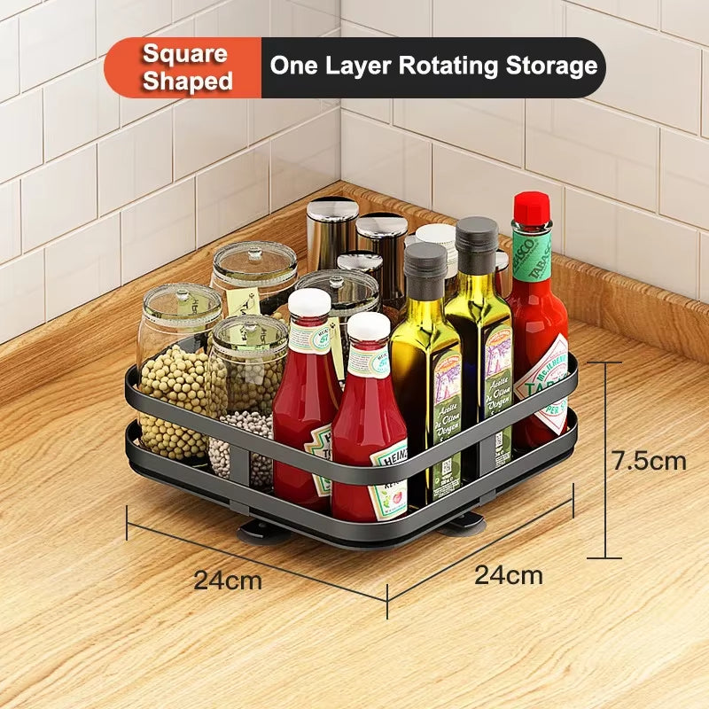 360° Rotation Spice Rack Organizer Multi-Layer Countertop Carbon Steel Seasoning Holder Storage Tray Storage Rack for Kitchen