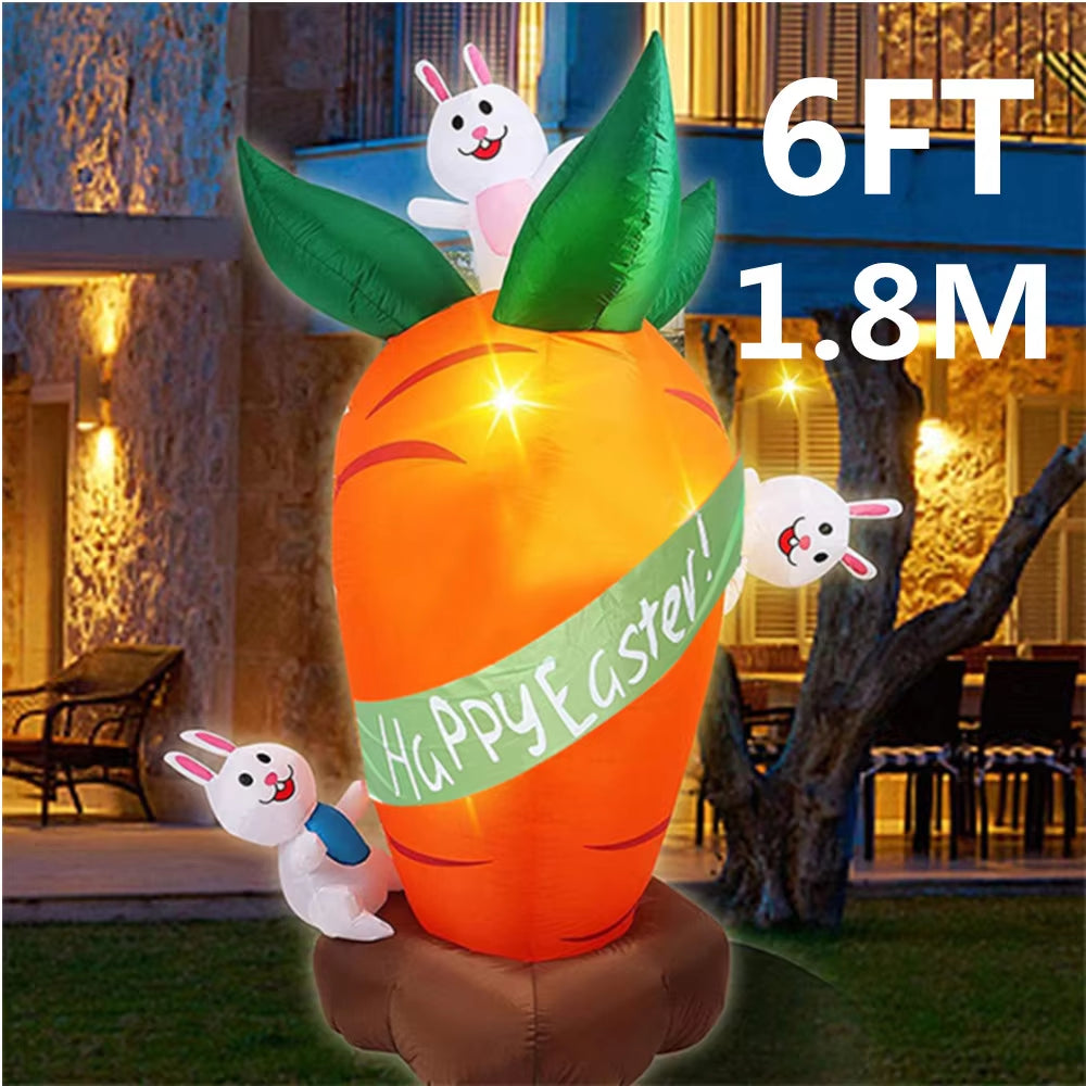 1.8M Inflatable Carrot Rabbit Easter Decoration Outdoor Blowing-Up Easter Rabbit Built-In LED Lights Bunny Easter Party Ornament