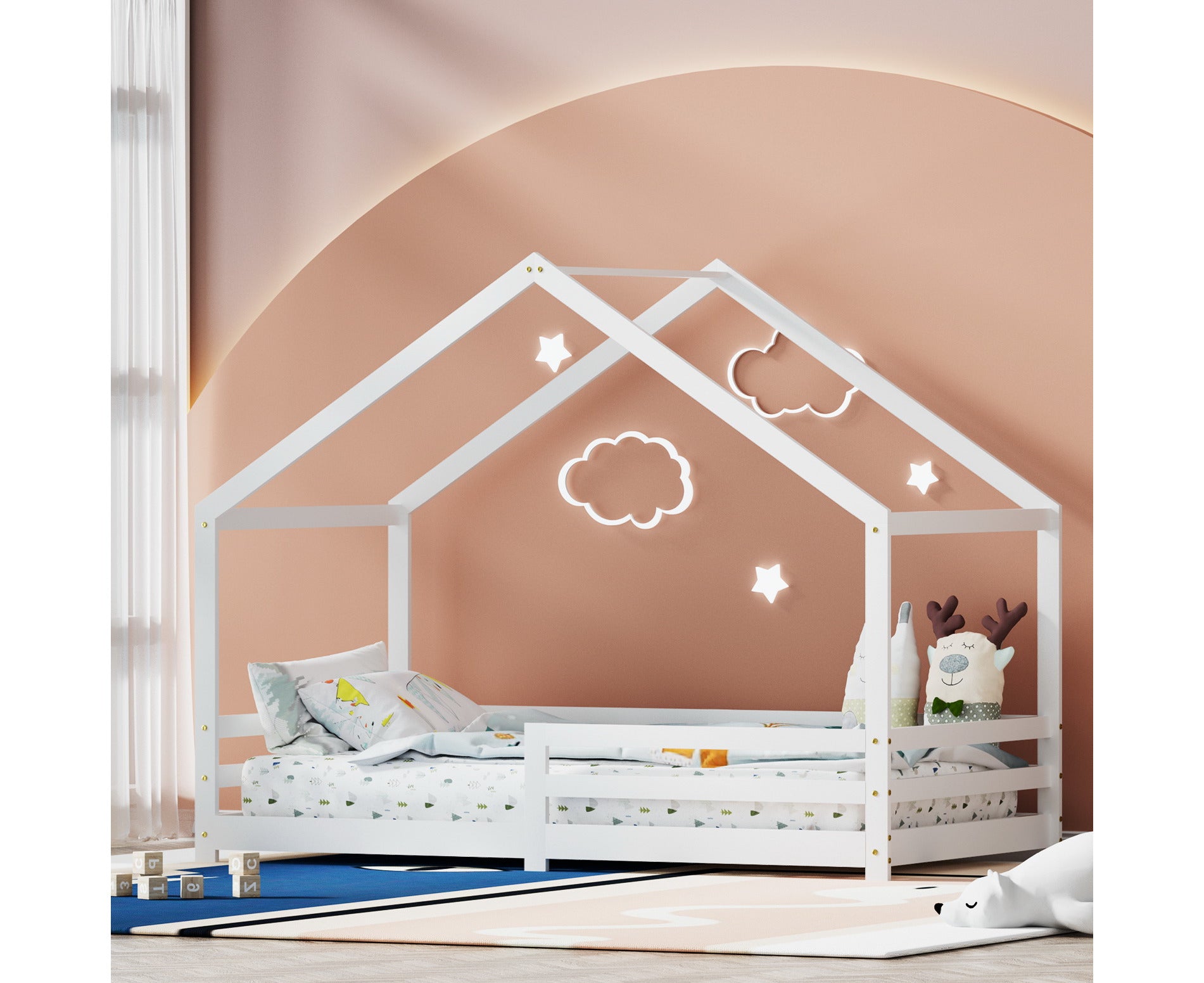 Bed Frame Wooden Kids Single House Frame White AMOS