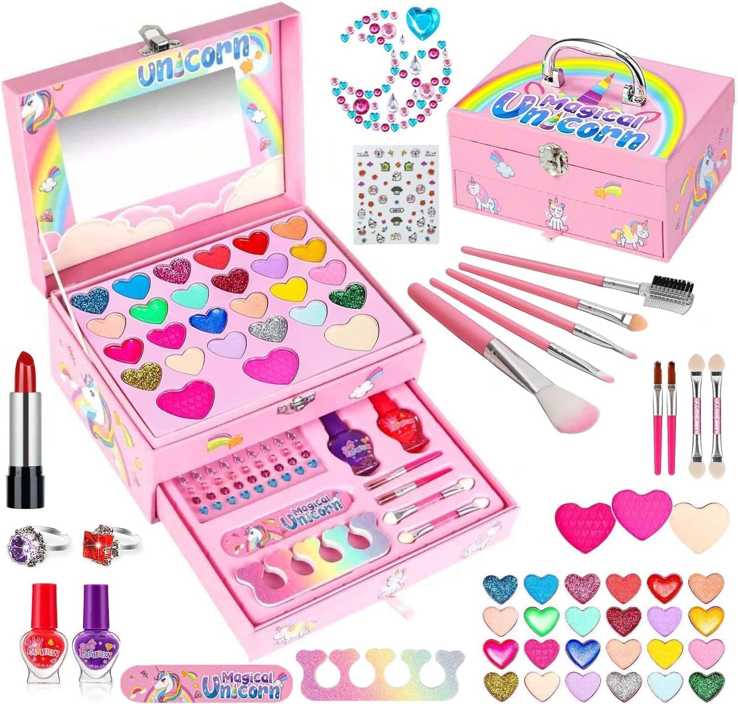 Kids Makeup Kit for Girl with Unicorn Box, Princess Toys Real Washable Cosmetic Set with Mirror & Rings, Safe & Non-Toxic, Play Make up Birthday Gifts for 3 4 5 6 7 8 9 10 11 12 Years Old Kid (Pink)