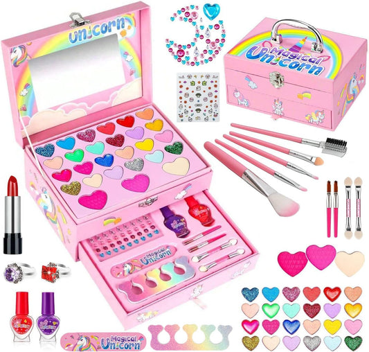 Kids Makeup Kit for Girl with Unicorn Box, Princess Toys Real Washable Cosmetic Set with Mirror & Rings, Safe & Non-Toxic, Play Make up Birthday Gifts for 3 4 5 6 7 8 9 10 11 12 Years Old Kid (Pink)