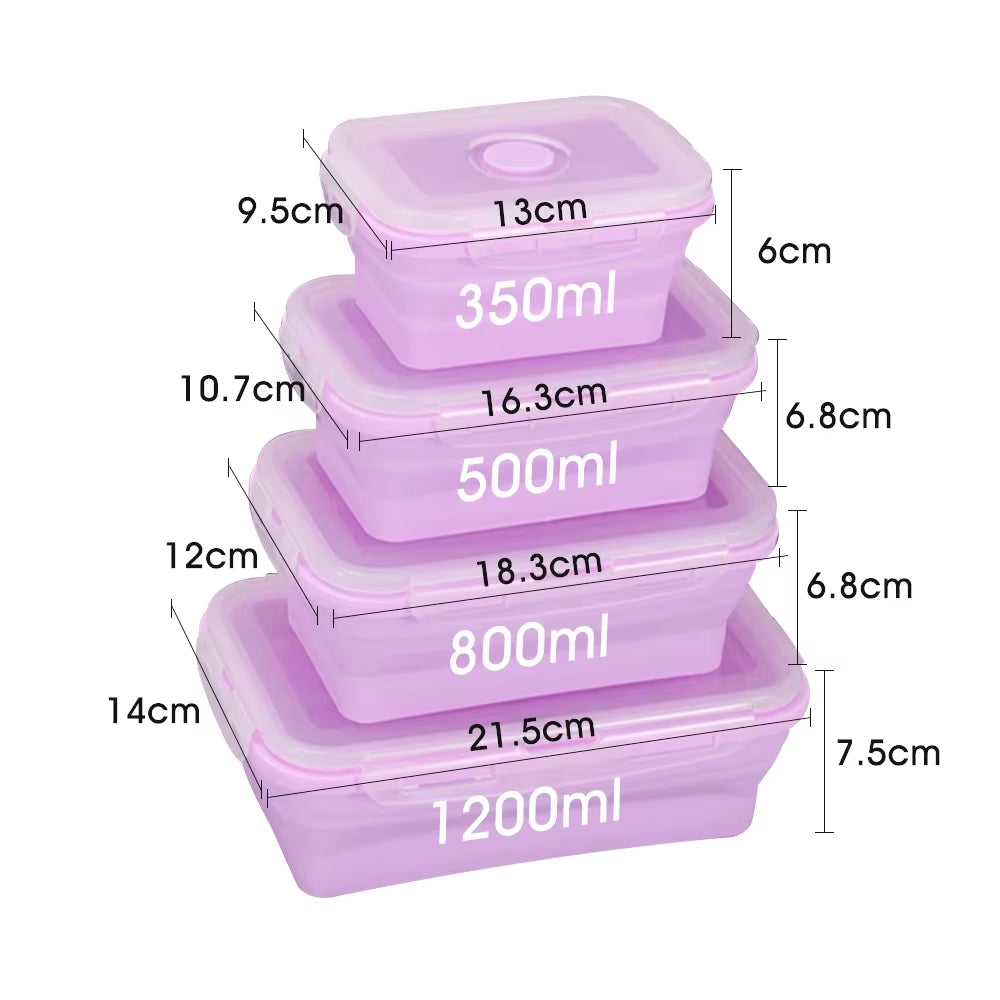 4Pcs/Set Silicone Rectangle Lunch Box Collapsible Bento Box Folding Food Container Bowl 300/500/800/1200Ml for Dinnerware