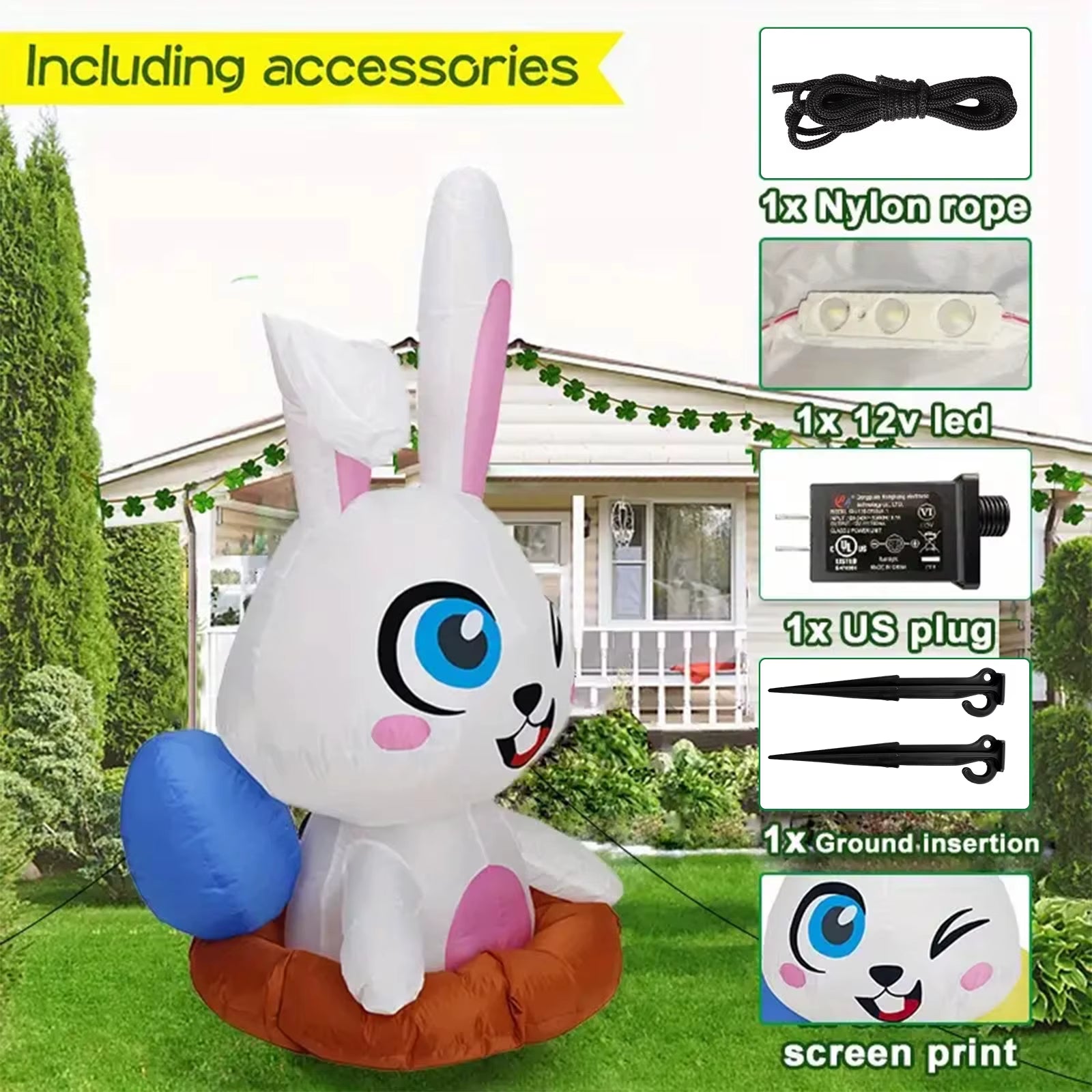 4FT Easter Inflatable Half Bunny Outer Yard Decoration Build-In LED Lights Holiday Blow up Yard Decor, for Easter Holiday Party