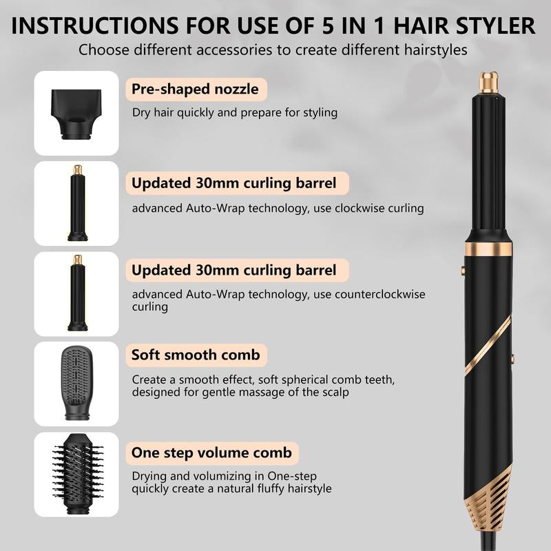 5 in 1 Hair Dryer Brush, Detachable Foldable Hot Air Styler Airflow Curling Iron for Beach Waves