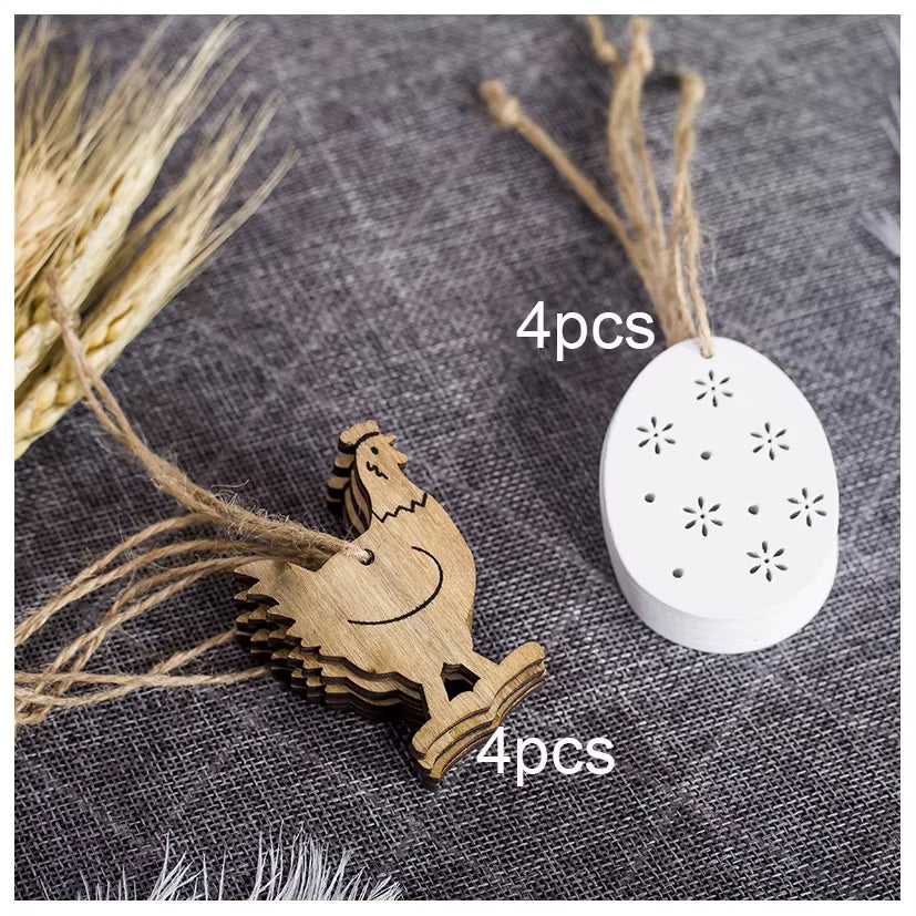 8PCS Easter Wooden Decoration Pendant Easter Rabbit Chick Eggs DIY Wood Crafts Happy Easter Party Home Decoration Kids Toys