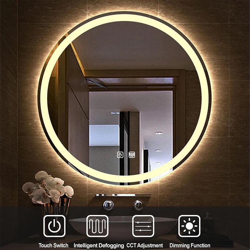 31Inch round Smart Make-Up Mirror with LED Light Backlight Tri-Color Touch Defogging Wall Hanging Bathroom Mirror Vanity Mirror