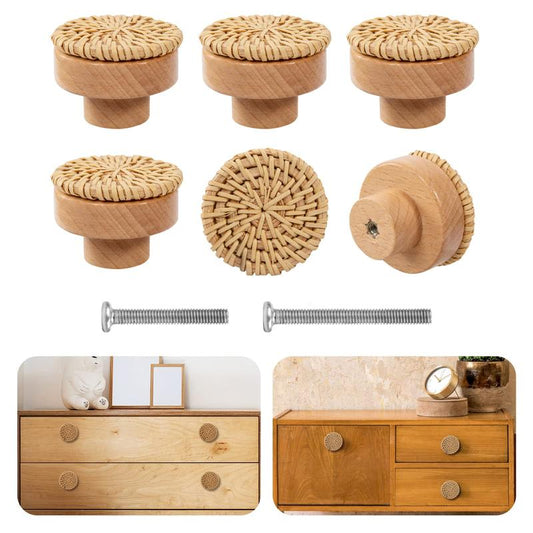 Boho Rattan Dresser Knobs- Durable Beech Wood Drawer Knobs, Decorative Handmade Wicker Woven Pulls with 12 Screws for Cabinets, Furniture (6 Pack)