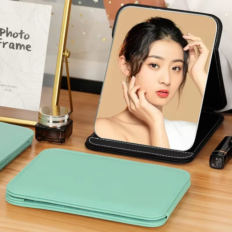 Fashion Mirror Makeup Mirror Household Desktop Vanity Mirror Portable High Definition PU Folding Beauty Mirror